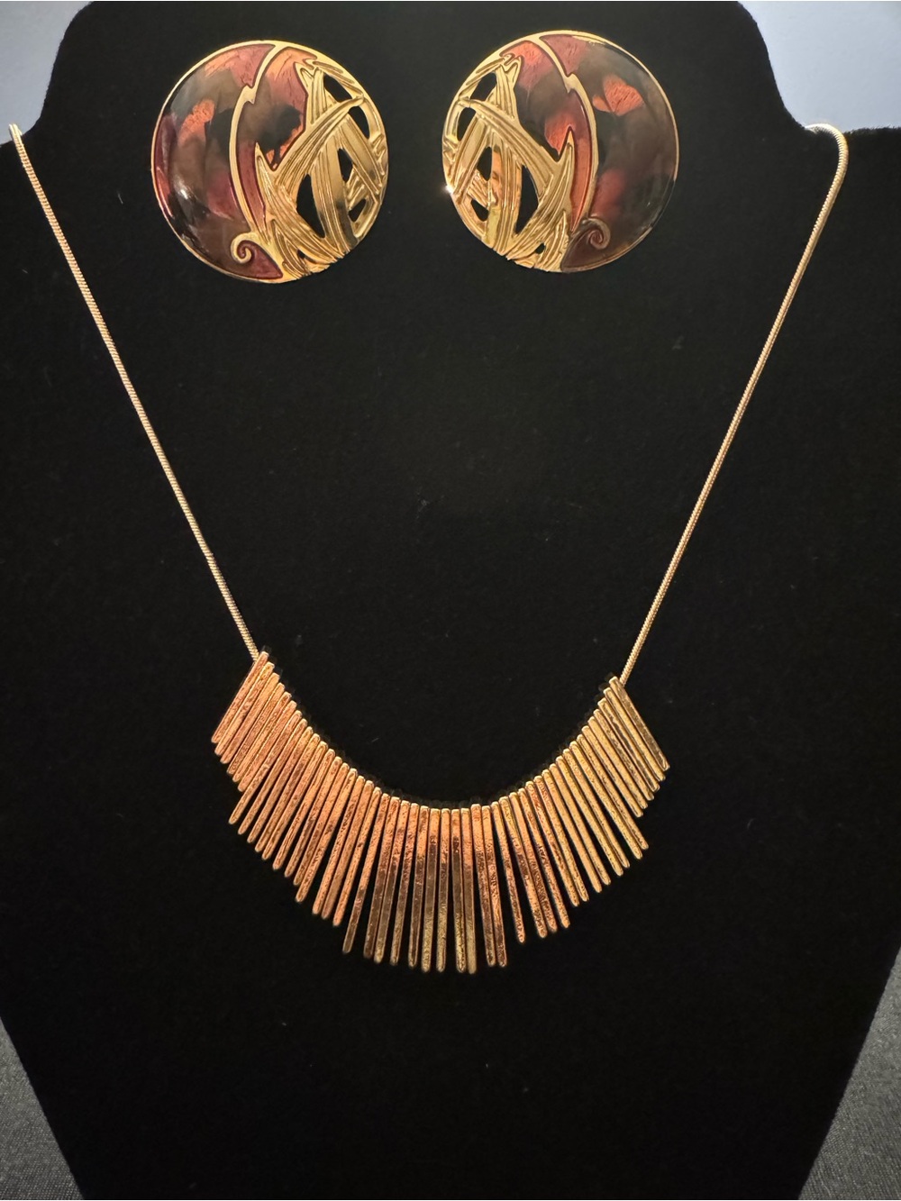 Berebi Earrings & Gold Tone Fringe Statement Necklace - Coordinated Set
